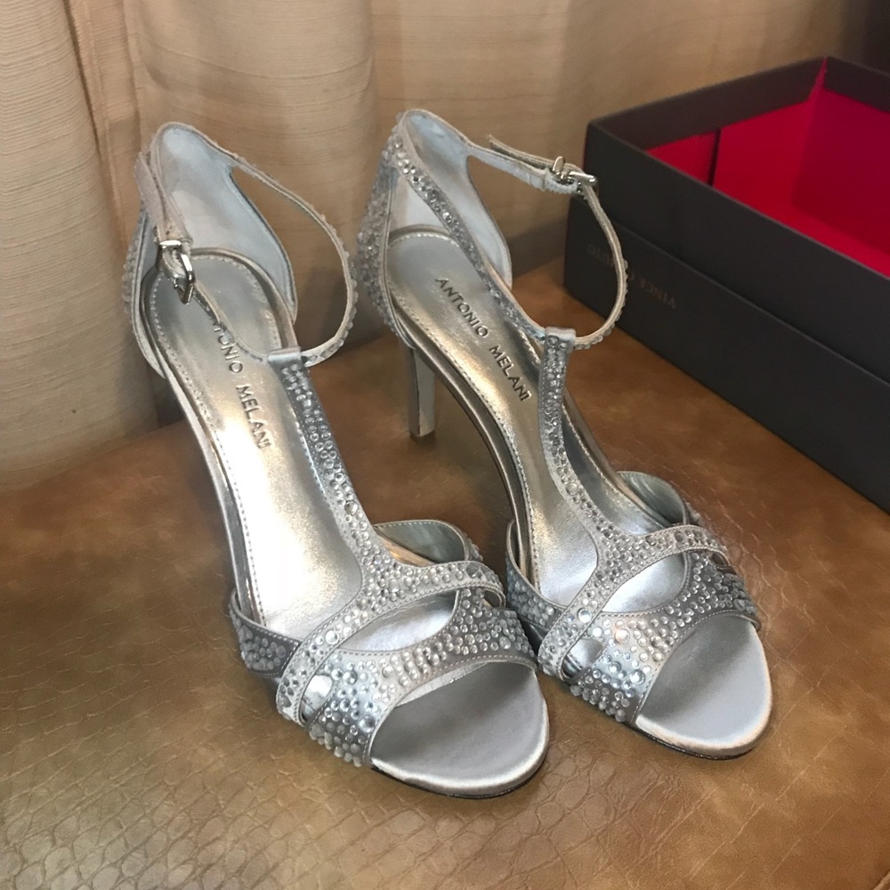 Silver rhinestone heels